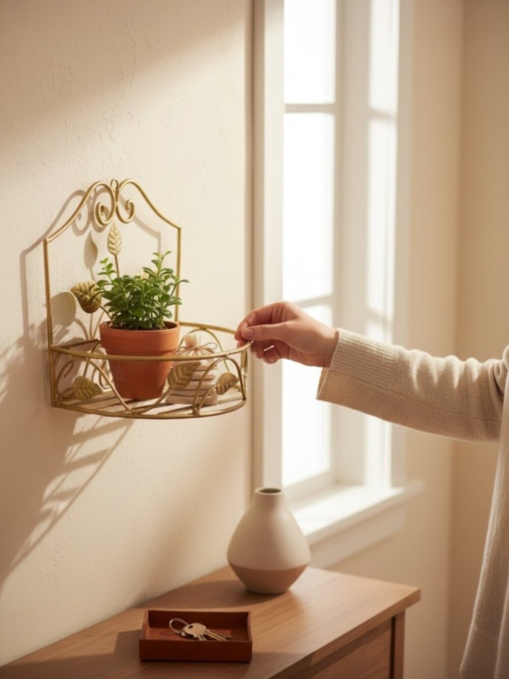 Decorative Gold Metal Wall Shelf With Leaf Design For Storage Or Display
